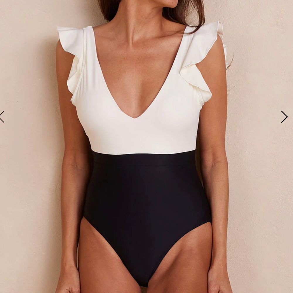Summersalt Ruffle Backflip One Piece Swimsuit in White and Black